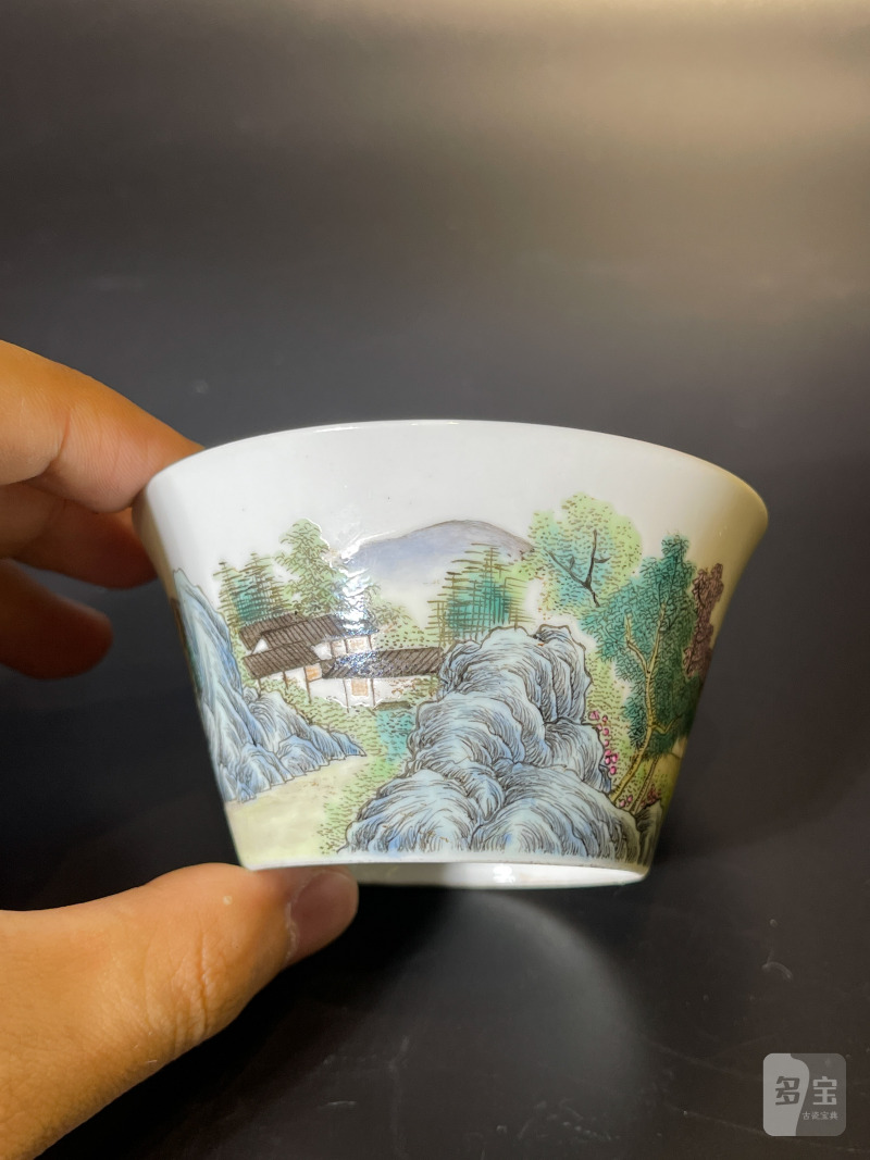 民国 粉彩山水纹马蹄杯 - 图8